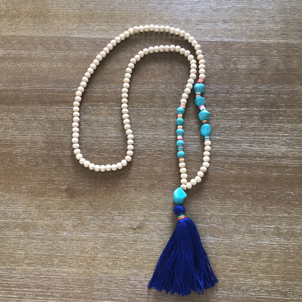 Beaded necklace with royal blue tassel